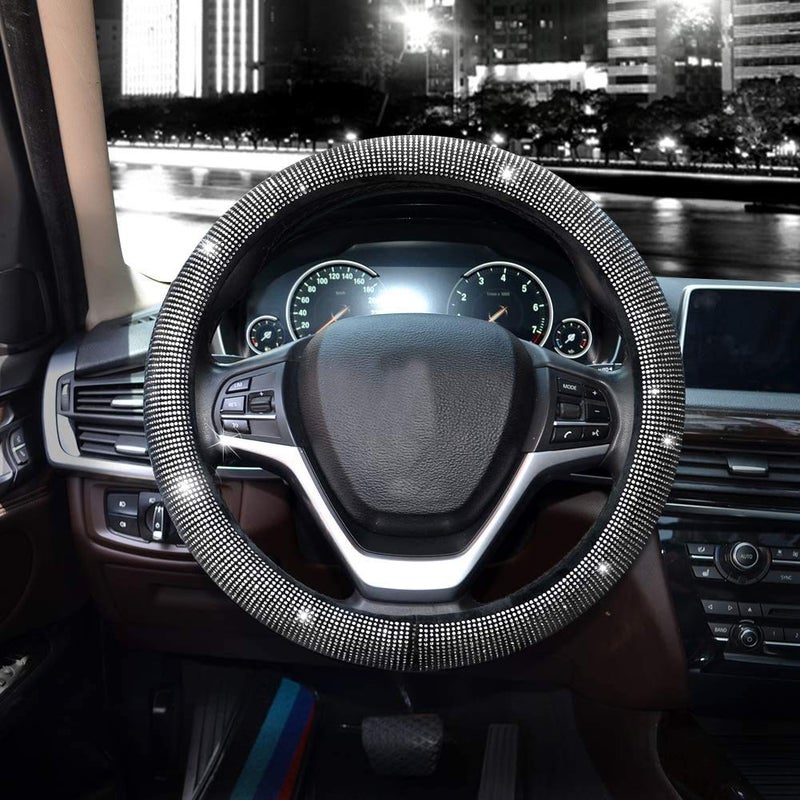 Valleycomfy Steering Wheel Cover for Women Men Bling Bling Crystal Diamond Sparkling Car SUV Wheel Protector Universal Fit 15 Inch (Black with White Diamond,Standard Size(14" 1/2-15" 1/4)) - Image 3